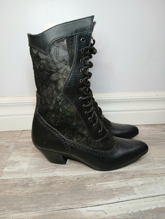 Source Unknown Shoes - Whimsigoth Victorian Sheer Lace & Faux Leather Ankle Boots - Size 6